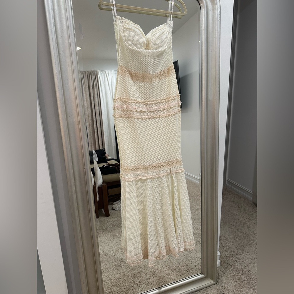 Women's Pallas Beige Lace Trim Crochet Mermaid Maxi Dress - Picture 9 of 10